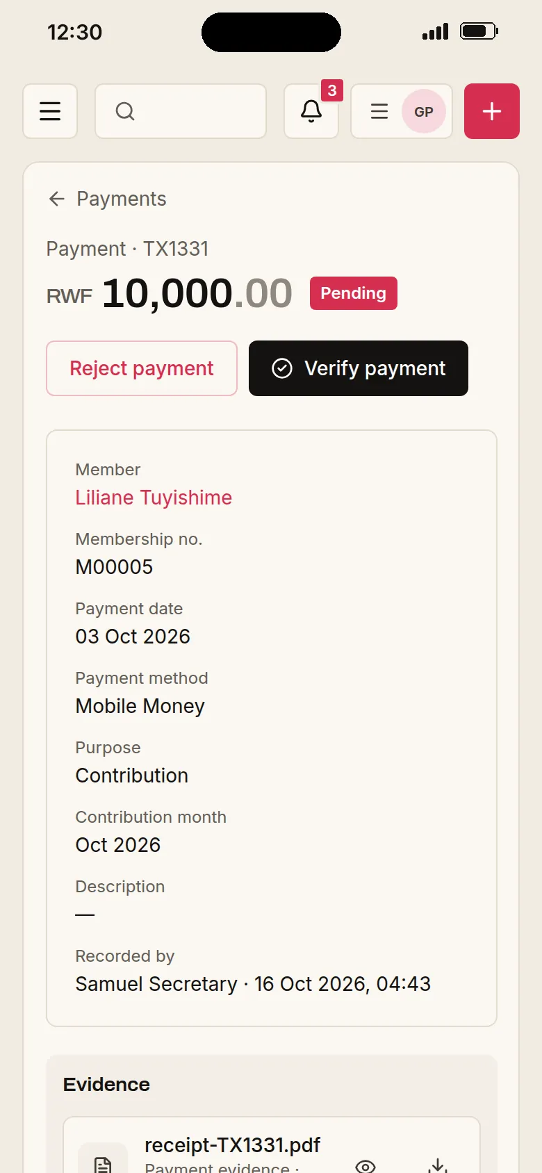 A payment waiting on a phone, with its proof and the buttons to verify or reject it